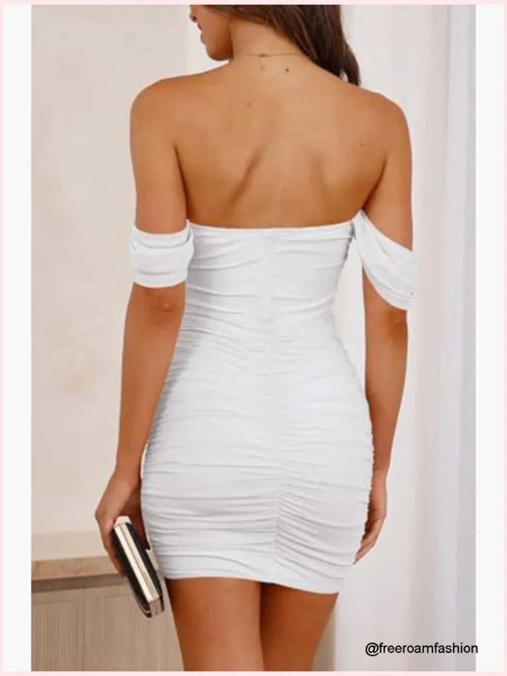 Off Shoulder Bodycon Mini Dress Ruched Cocktail Party Wedding Guest - Picture 6 of 7